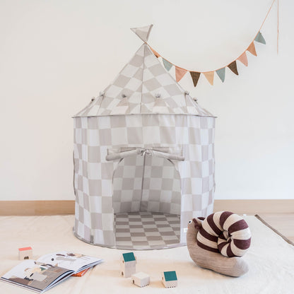 checkerboard beige recycled fabric play tent